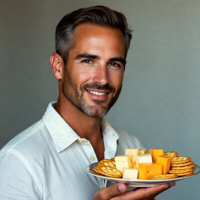 Handsome man holding cheese and crackers