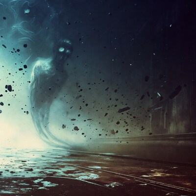 Ethereal Ghost in Dark Misty Hallway