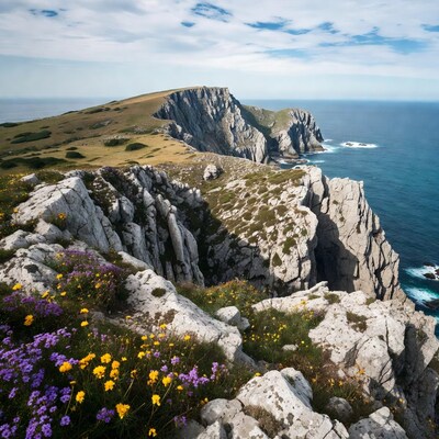 Cliff Edge with Wildflowers Over Ocean