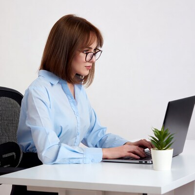 Woman working on laptop at desk