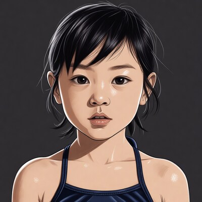 Asian girl in blue swimsuit illustration