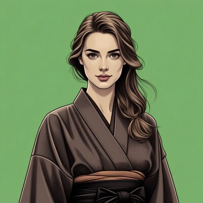 Woman in Kimono on Green Background