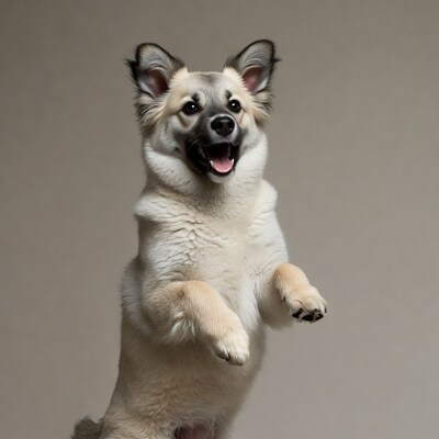 Fluffy dog standing on hind legs