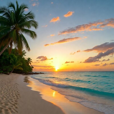 Sunset over tropical beach with palm trees