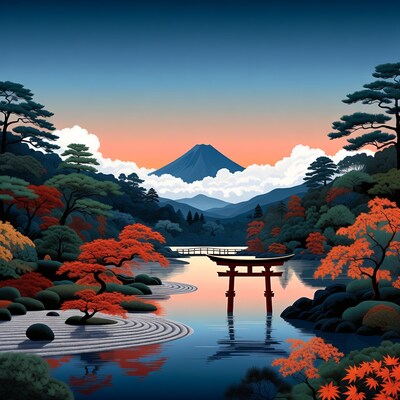 Torii Gate Mount Fuji Autumn Landscape