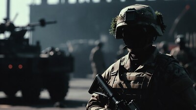 Soldier with foliage helmet and rifle