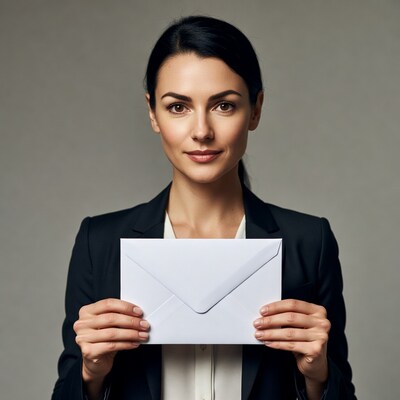 Business woman holding white envelope