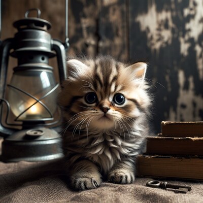 Kitten by vintage lantern and books