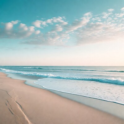 Sandy Beach with Waves and Clouds