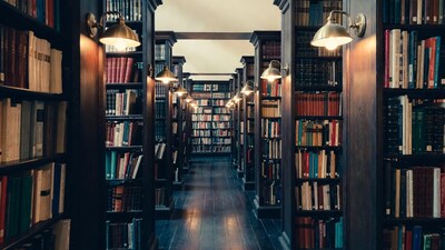 Empty Library Aisle with Bookshelves
