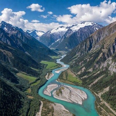 Turquoise River in Snowy Mountain Valley
