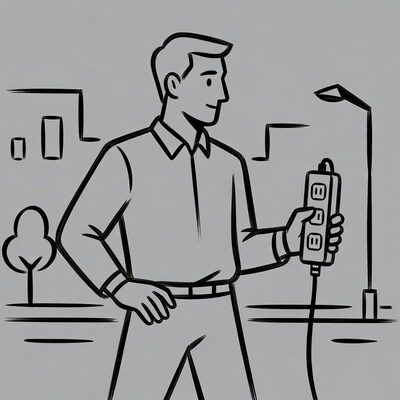 Man holding power strip outdoors