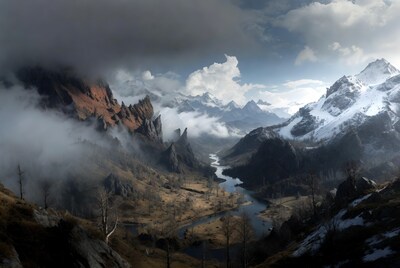 Majestic Mountain Valley with River and Fog