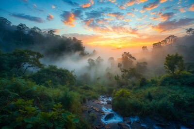 Jungle Waterfall at Sunrise with Mist