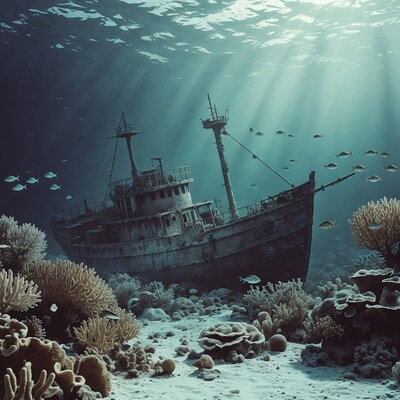 Sunken Shipwreck in Coral Reef