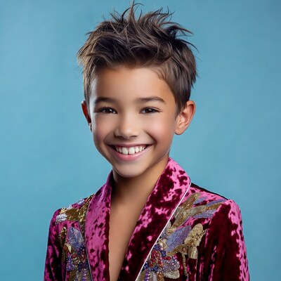 Smiling Asian boy in embroidered velvet jacket