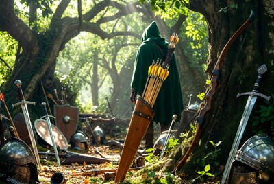 Hooded Archer with Quiver in Forest