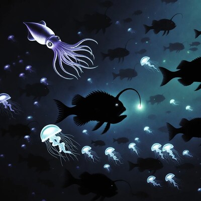 Deep Sea Squid Anglerfish Jellyfish Illustration