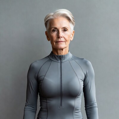 Elderly woman in gray athletic top