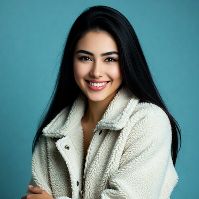 Smiling Asian woman in white fur jacket