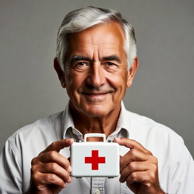 Senior man holding first aid kit