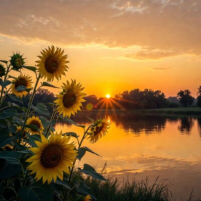 Sunflowers at Sunset by Lake