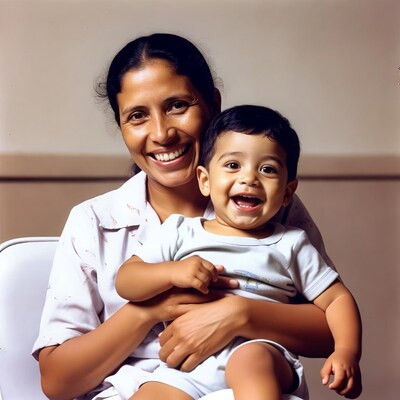 Smiling Asian mother holding baby