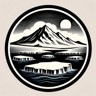 Circular Illustration of Arctic Mountain and Icebergs