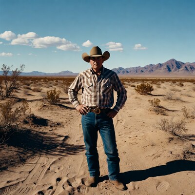 Cowboy standing in desert with mountains