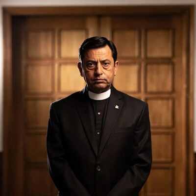 Priest standing before wooden doors