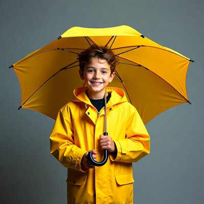 Boy with yellow raincoat and umbrella