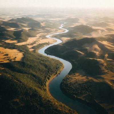 Aerial view of winding river in hills