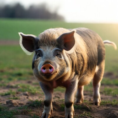 Pig standing in green field