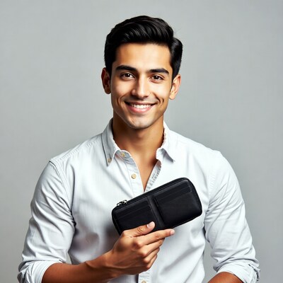 Young man holding black wallet