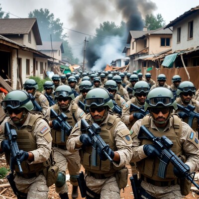 Soldiers marching through war-torn village