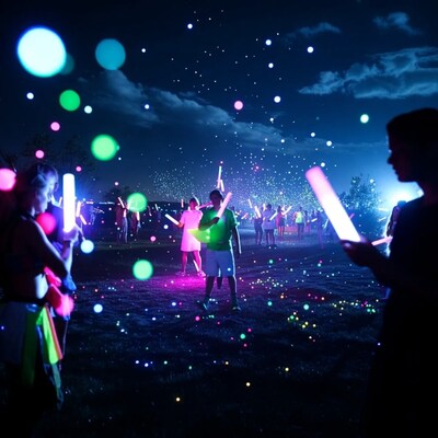 Crowd with glow sticks at night
