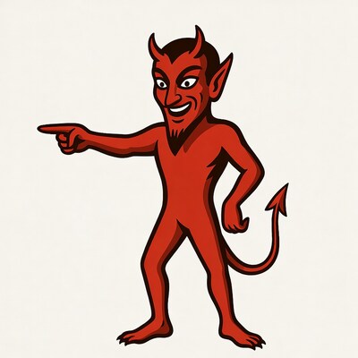 Cartoon devil pointing with tail