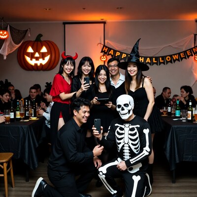 Asian group taking Halloween selfie