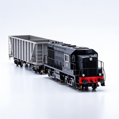 Black diesel locomotive with gray hopper car