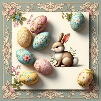 Cute Bunny with Decorated Easter Eggs