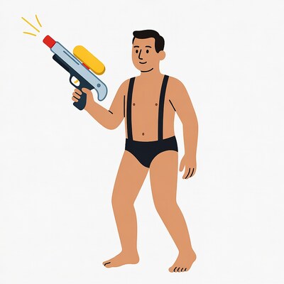 Man holding water gun in swimsuit