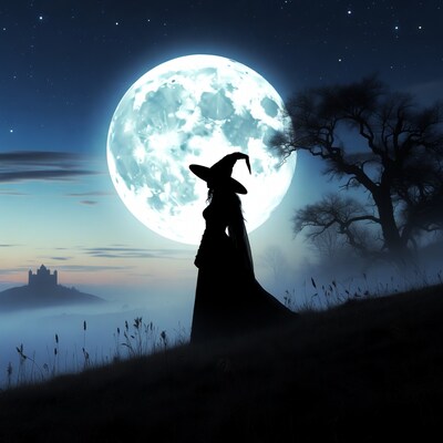 Silhouette witch under full moon