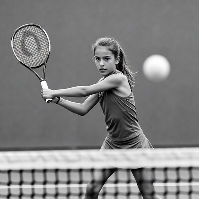 Girl hitting tennis ball forehand