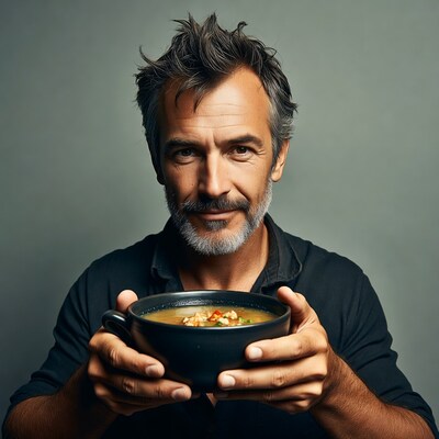 Mature man holding soup bowl