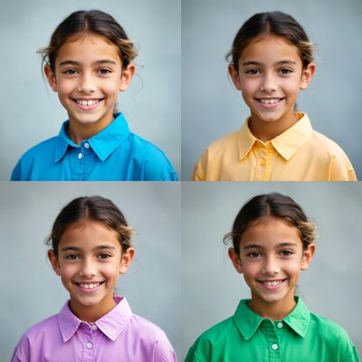 Smiling girl in colored shirts grid