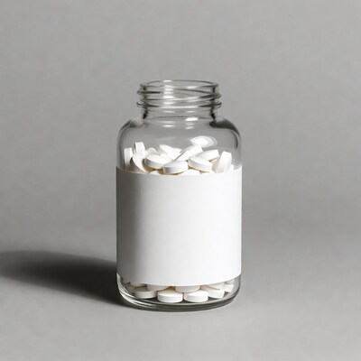 Clear pill bottle with white tablets