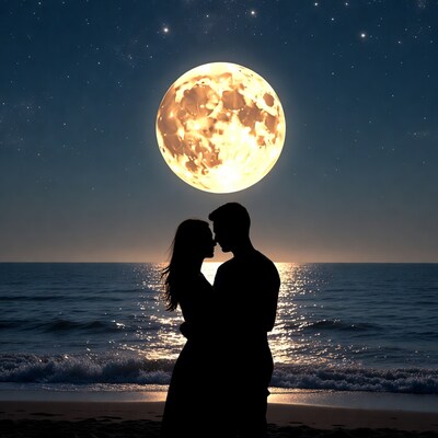 Silhouette couple kissing under moonlit beach