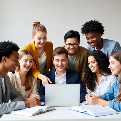 Diverse group collaborating on laptop