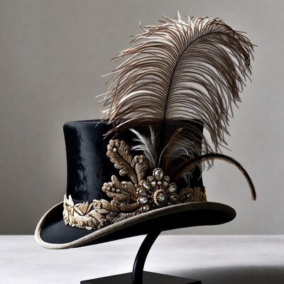 Black velvet top hat with feathers