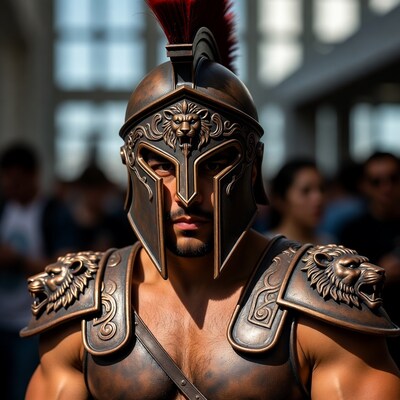 Muscular man in Roman gladiator armor